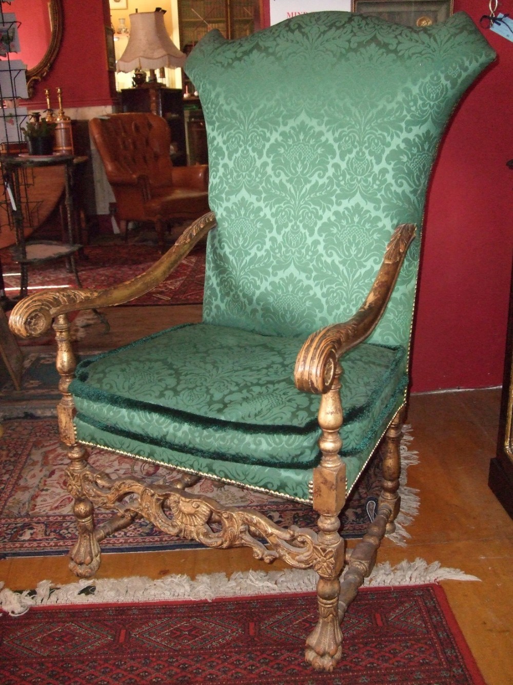 19thC Giltwood Upholstered Wing Throne Chair