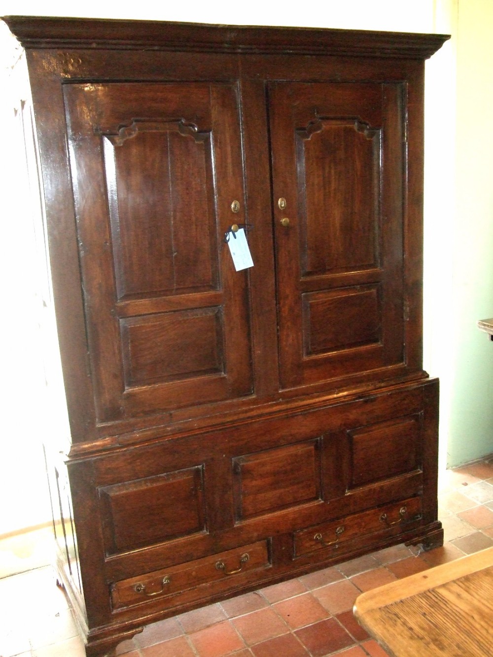 18th Century Oak Press or Livery Cupboard with Two Small Drawers