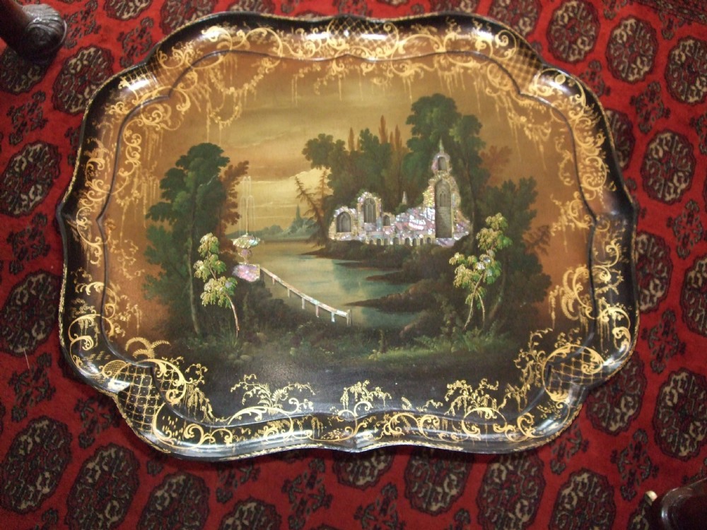 Victorian Papier Mache Tray Top Table with Mother of Pearl Inlay. View II