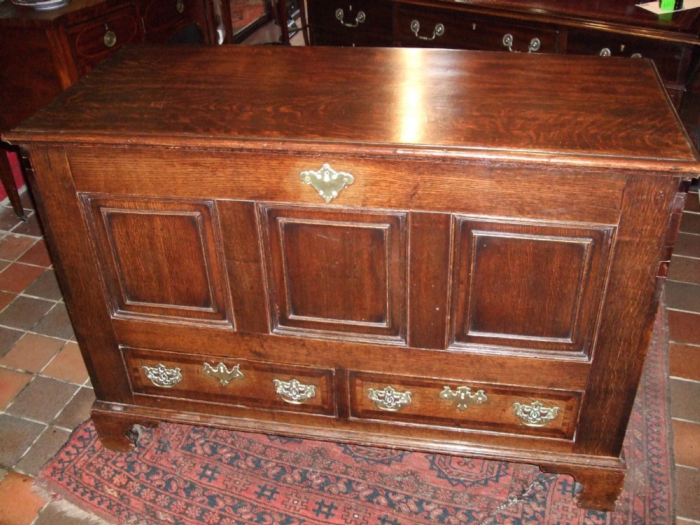 An 18th-century dark oak mule chest featuring a hinged top lid, three fielded panels across the front facade, two base drawers with brass handles, and bracket feet.