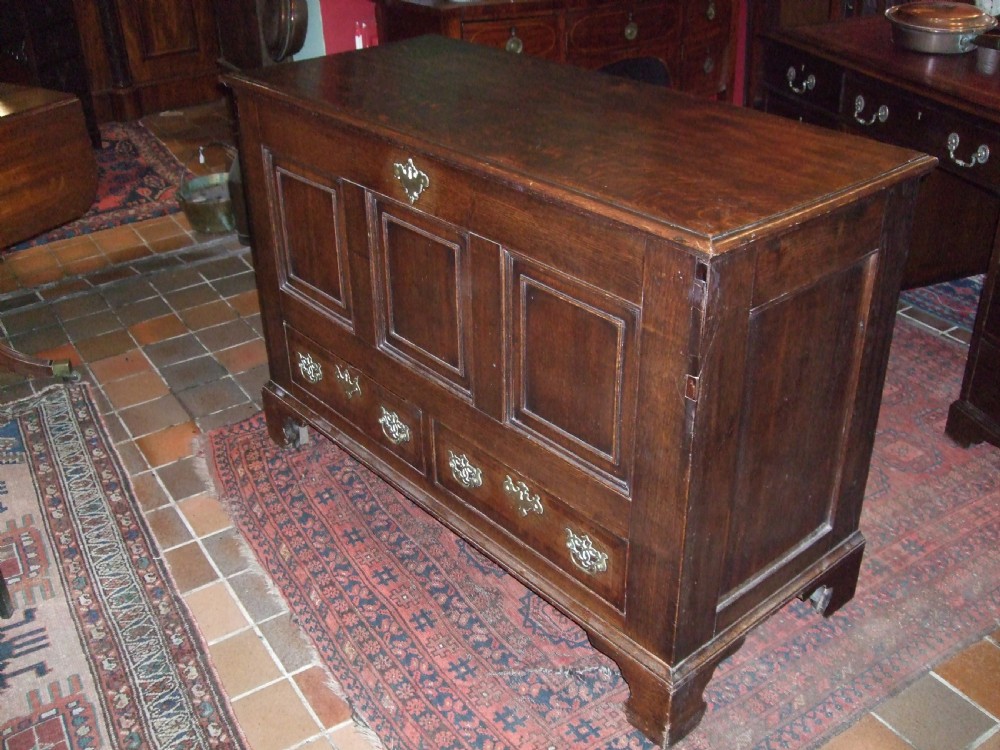 An 18th-century dark oak mule chest featuring a hinged top lid, three fielded panels across the front facade, two base drawers with brass handles, and bracket feet. View IV