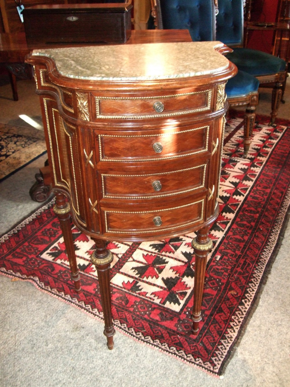 Superb 19thC Diamond Inlaid French Acajou Side Table with Ormolu Mounts & Marble Top