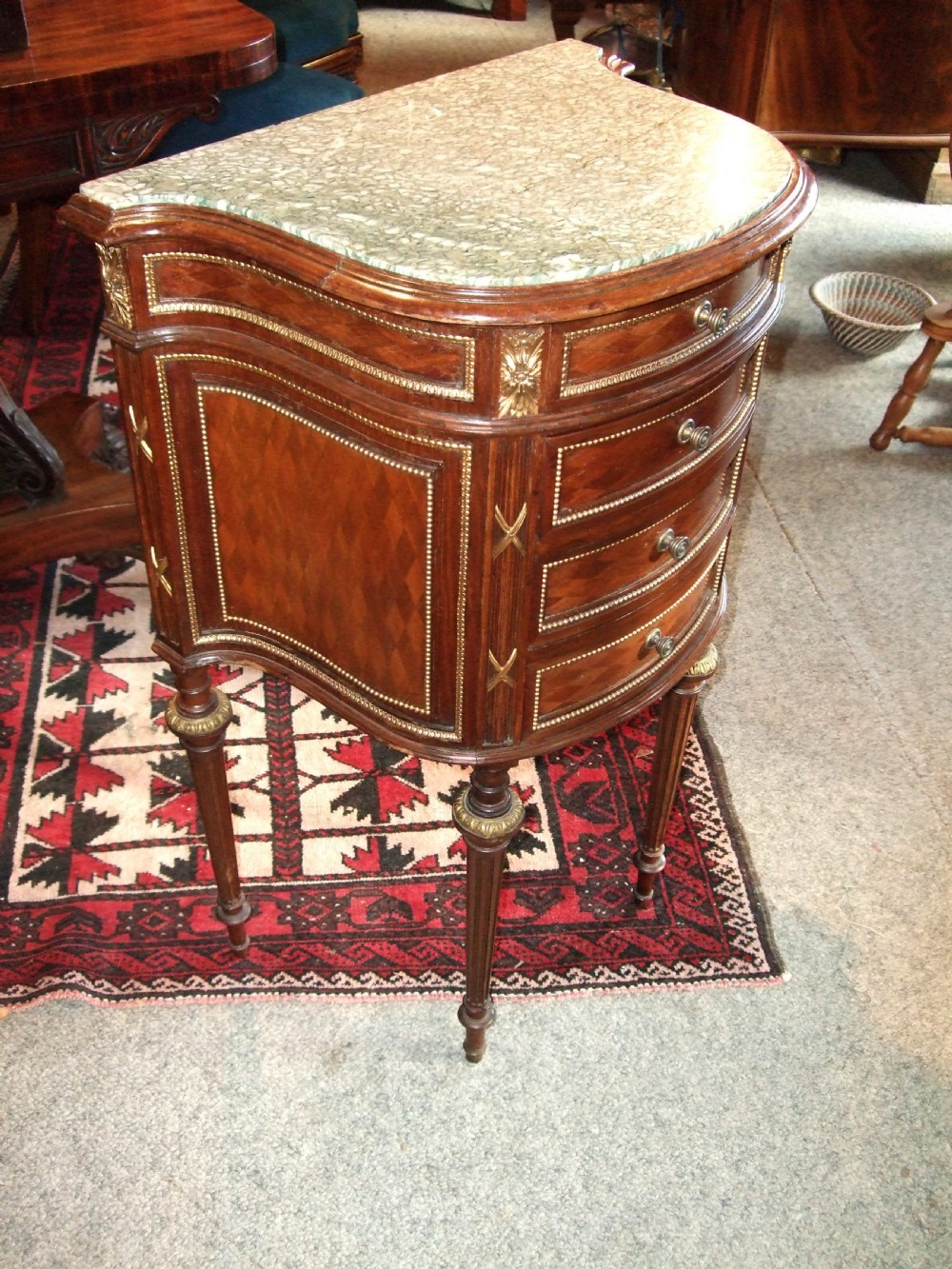 Superb 19thC Diamond Inlaid French Acajou Side Table with Ormolu Mounts & Marble Top View II
