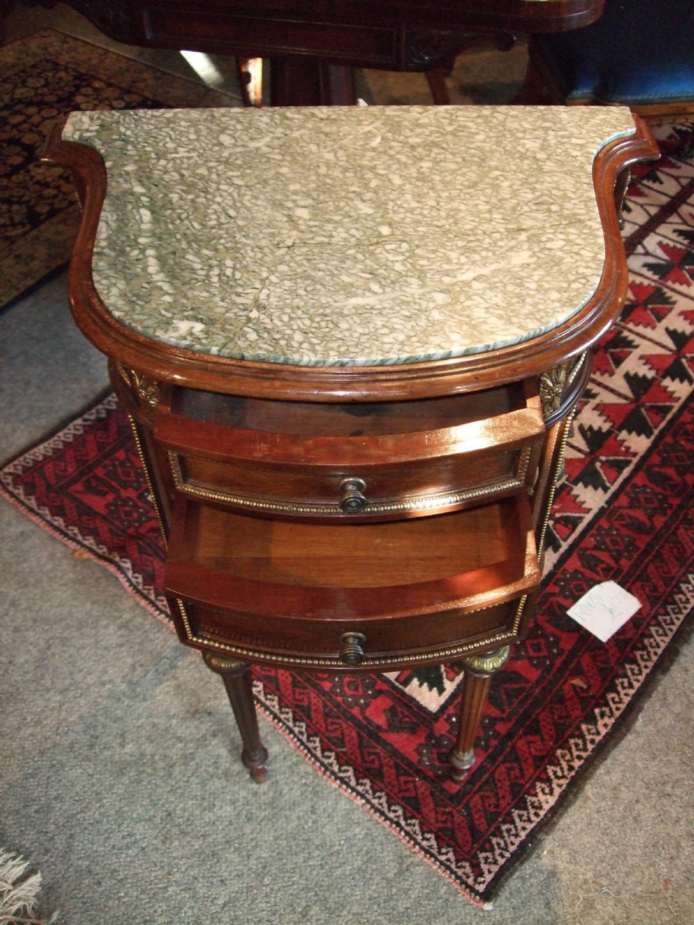 Superb 19thC Diamond Inlaid French Acajou Side Table with Ormolu Mounts & Marble Top View III