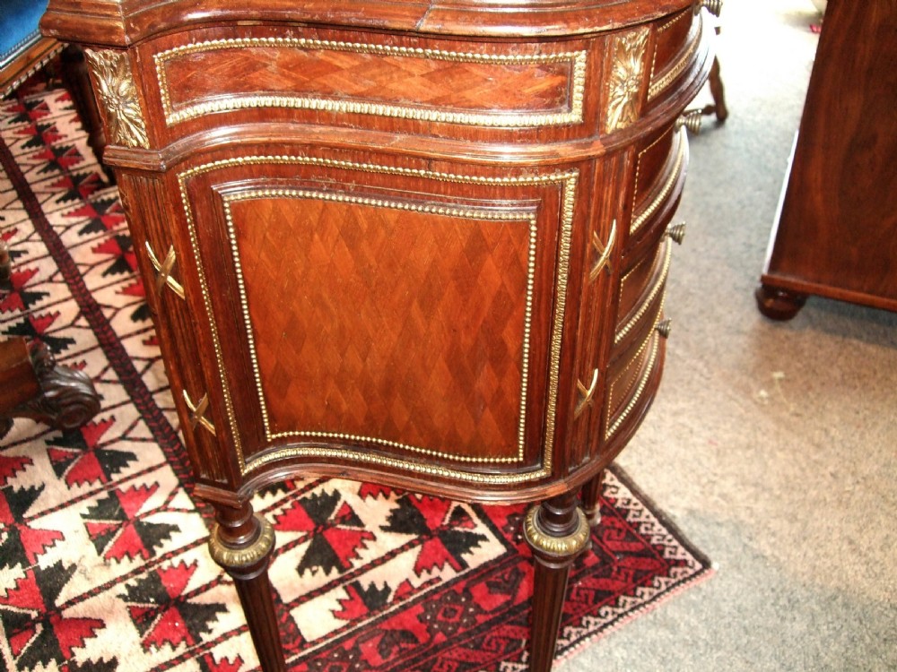 Superb 19thC Diamond Inlaid French Acajou Side Table with Ormolu Mounts & Marble Top View IV