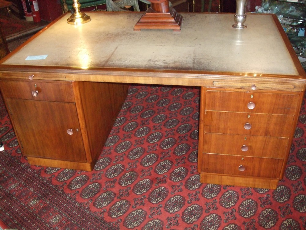 Art Deco Walnut  Pedestal Writing Desk With Original Cream Leather Patinated Writing Surface C.1930