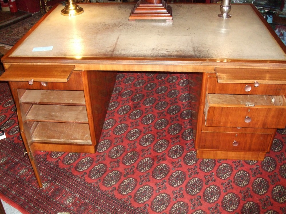 Art Deco Walnut  Pedestal Writing Desk With Original Cream Leather Patinated Writing Surface C.1930 View II
