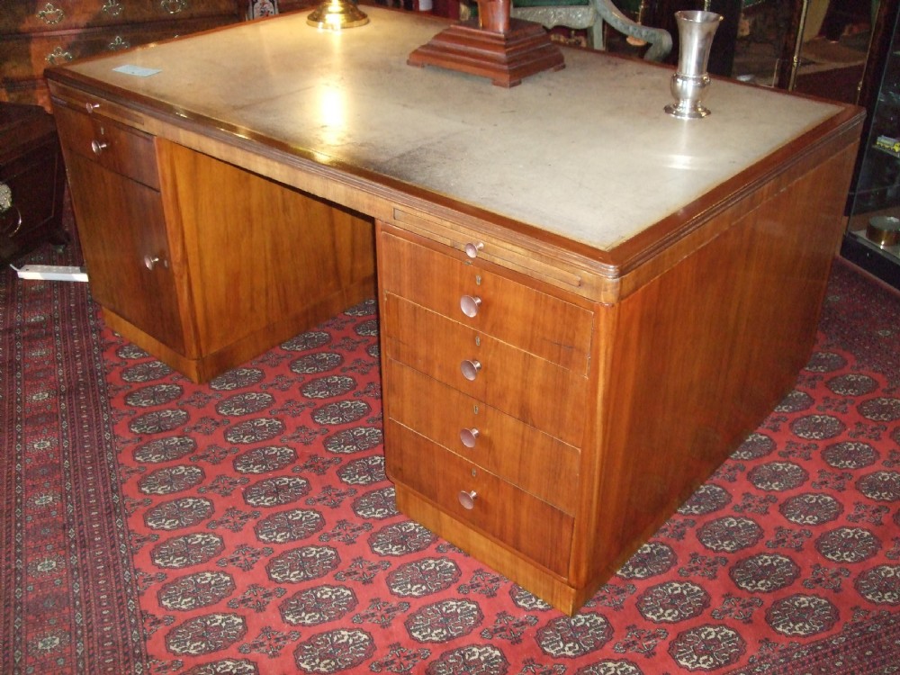 Art Deco Walnut  Pedestal Writing Desk With Original Cream Leather Patinated Writing Surface C.1930 View III
