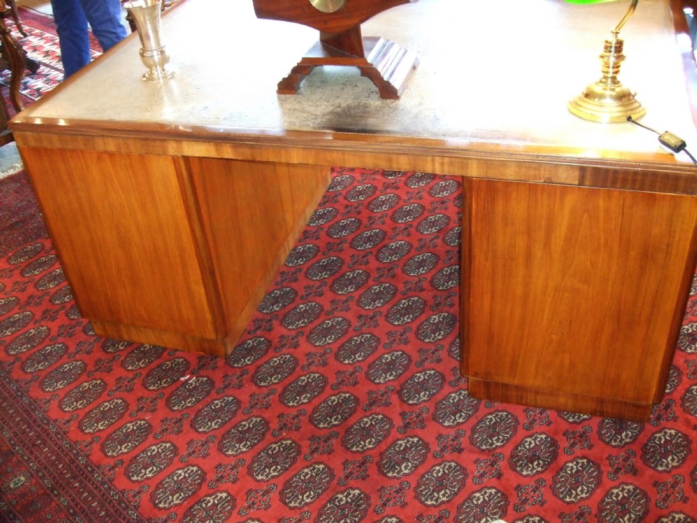 Art Deco Walnut  Pedestal Writing Desk With Original Cream Leather Patinated Writing Surface C.1930 View V