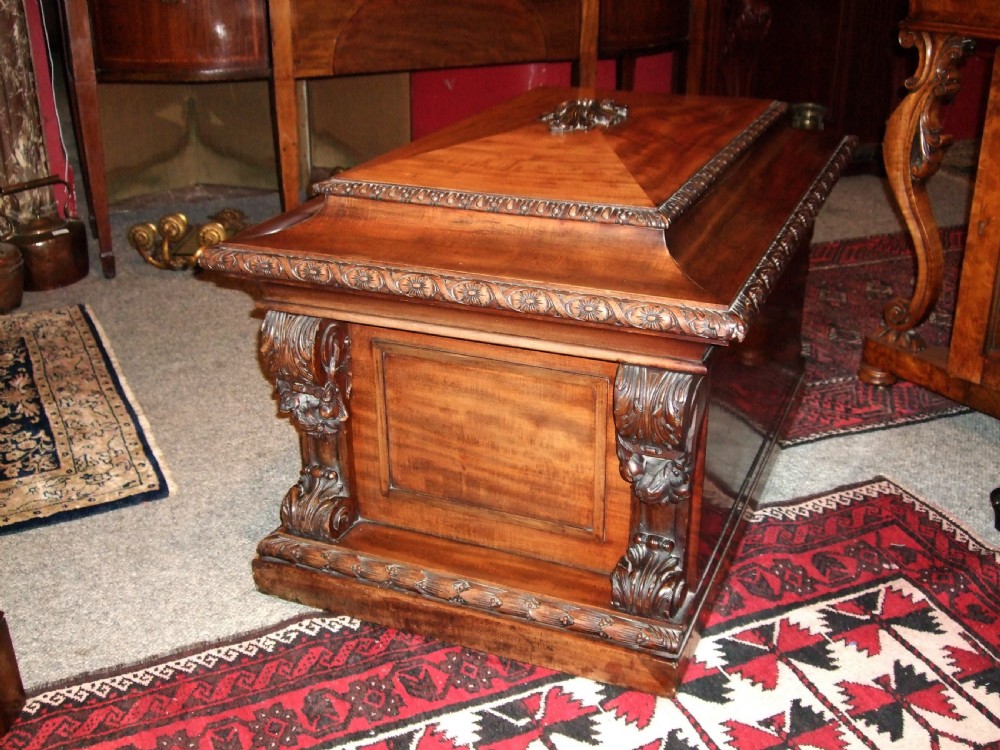 George 3rd Mahogany Cellarette with Carved Bacchanalian Details.  View II