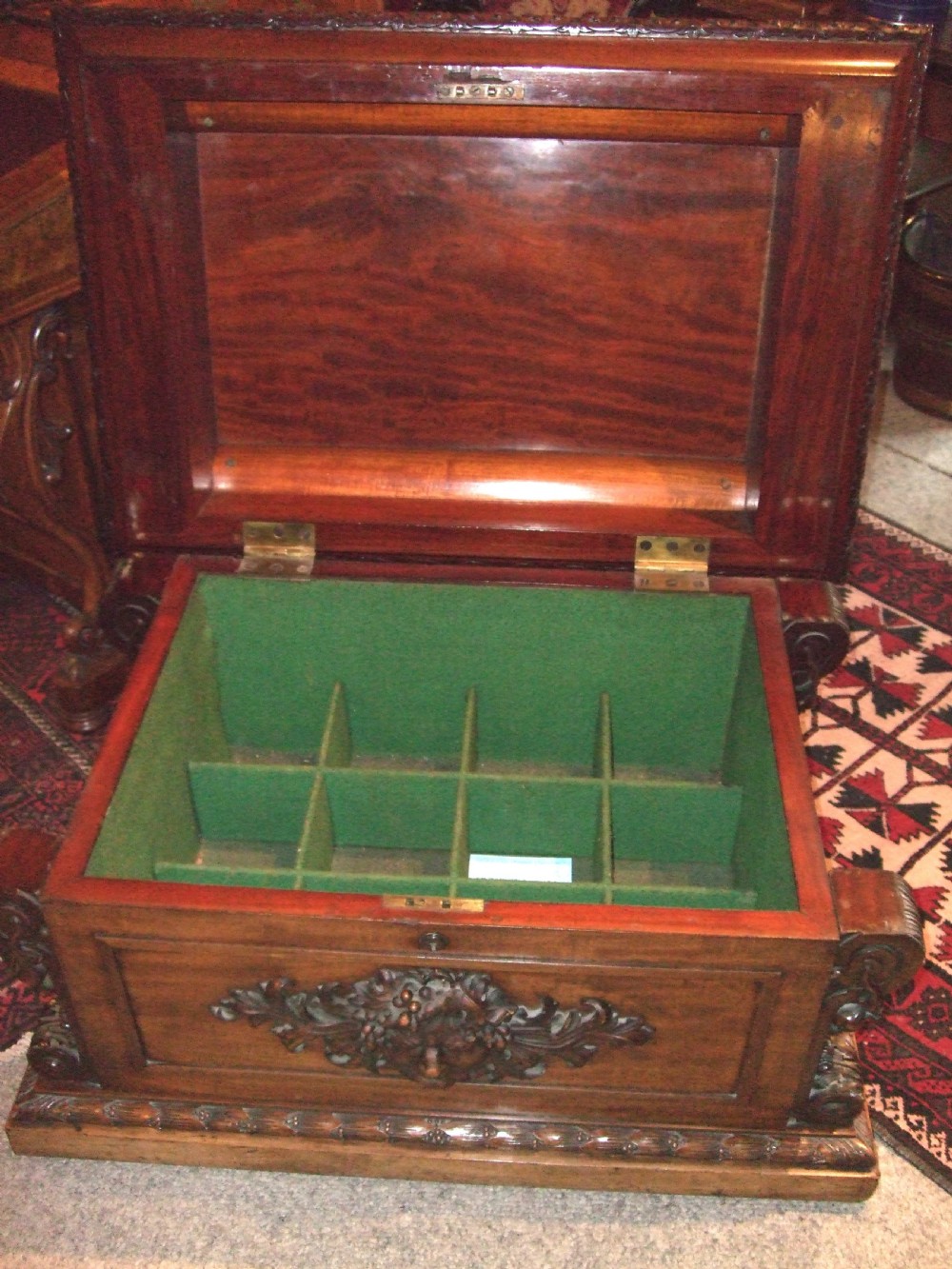George 3rd Mahogany Cellarette with Carved Bacchanalian Details.  View III
