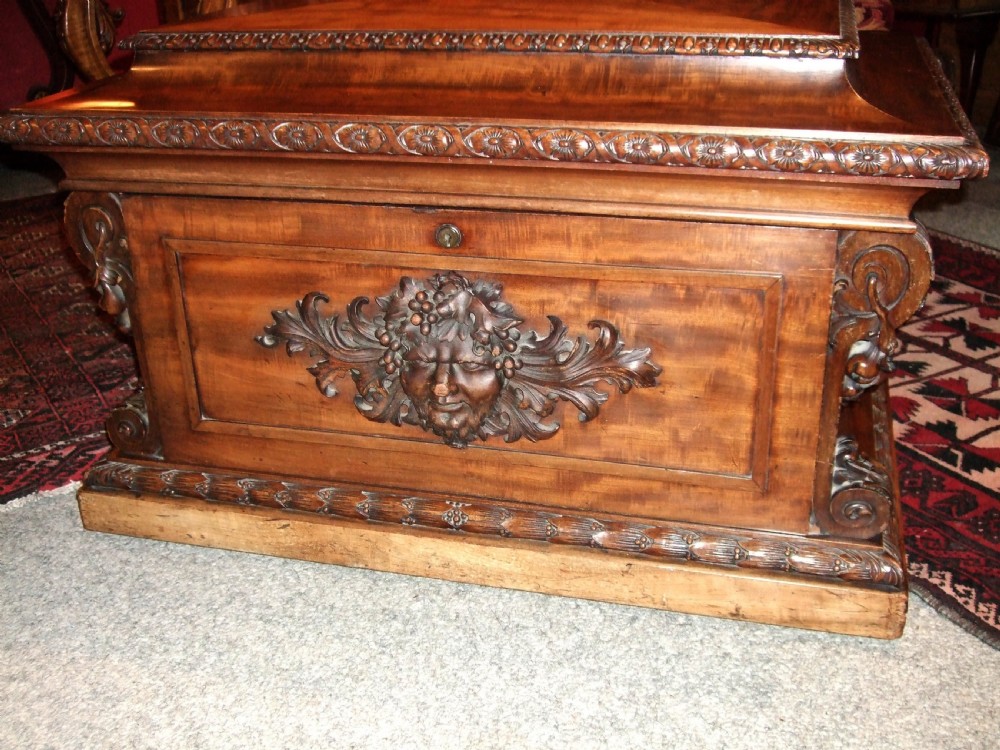 George 3rd Mahogany Cellarette with Carved Bacchanalian Details.  View IV