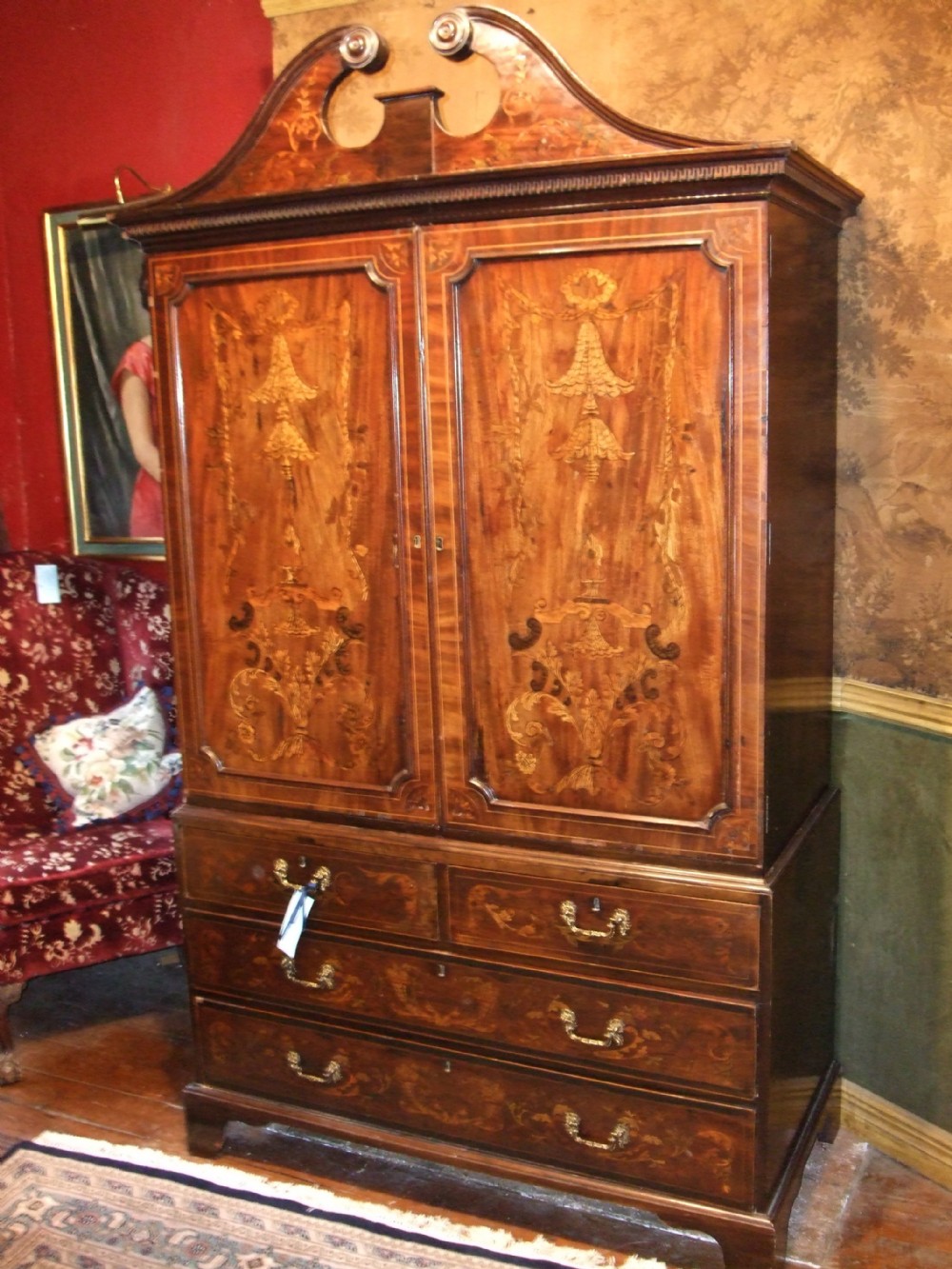 George 3rd Mahogany & Inlaid Linen Press