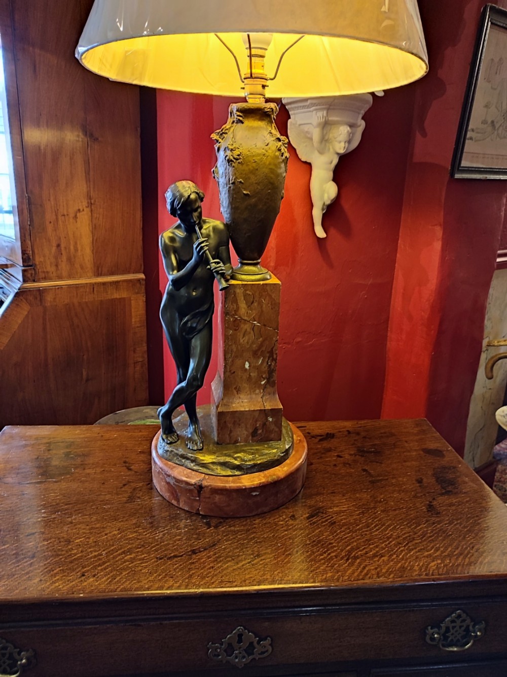 Edwardian Bronze & Figural Lamp On Marble Base.