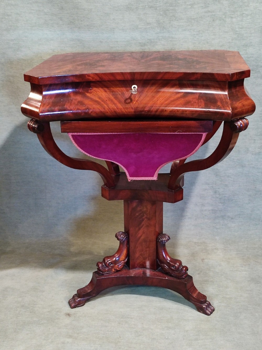 Superb 19thc Mahogany Work Table with Carved Dolphin Supports