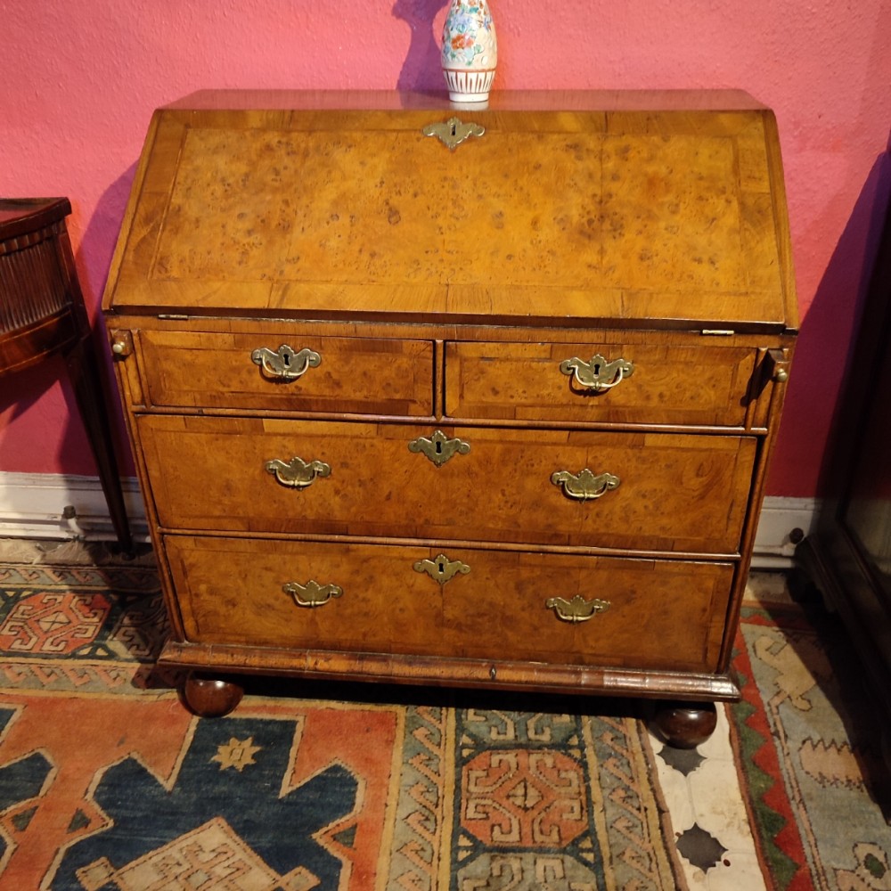 Early 18thC Walnut Bureau on Bun Feet
