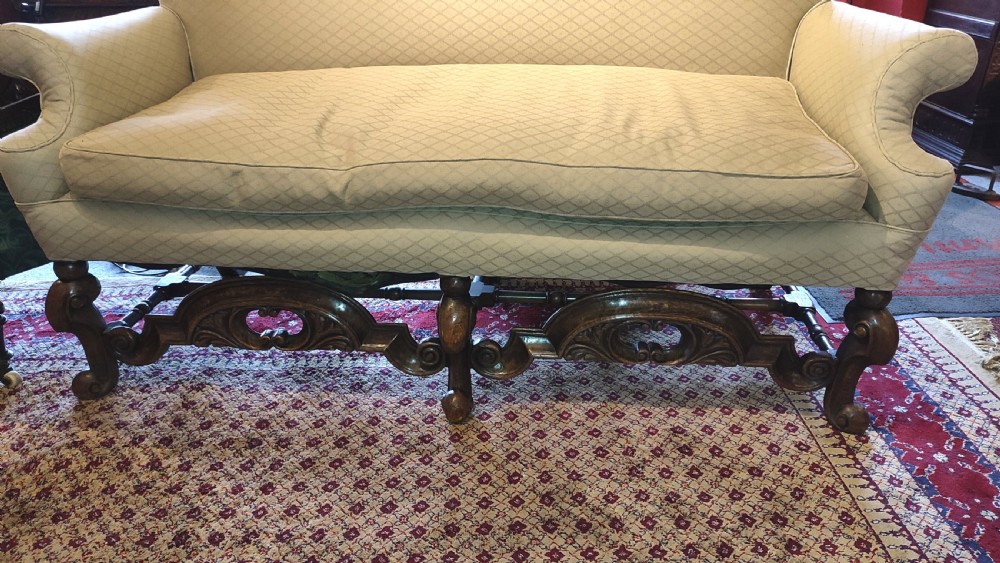 19thC Carolean Style Sofa with Carved Oak Frame. View II
