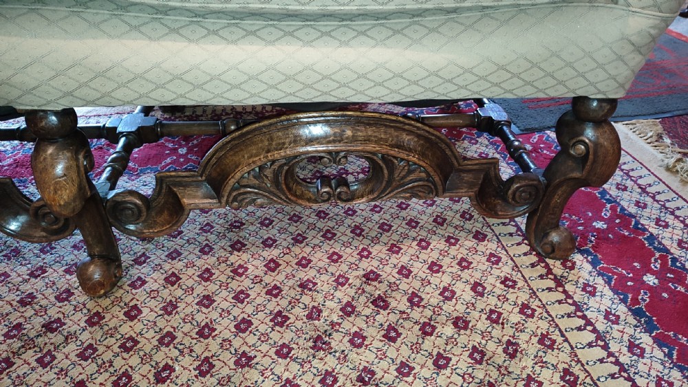19thC Carolean Style Sofa with Carved Oak Frame. View III