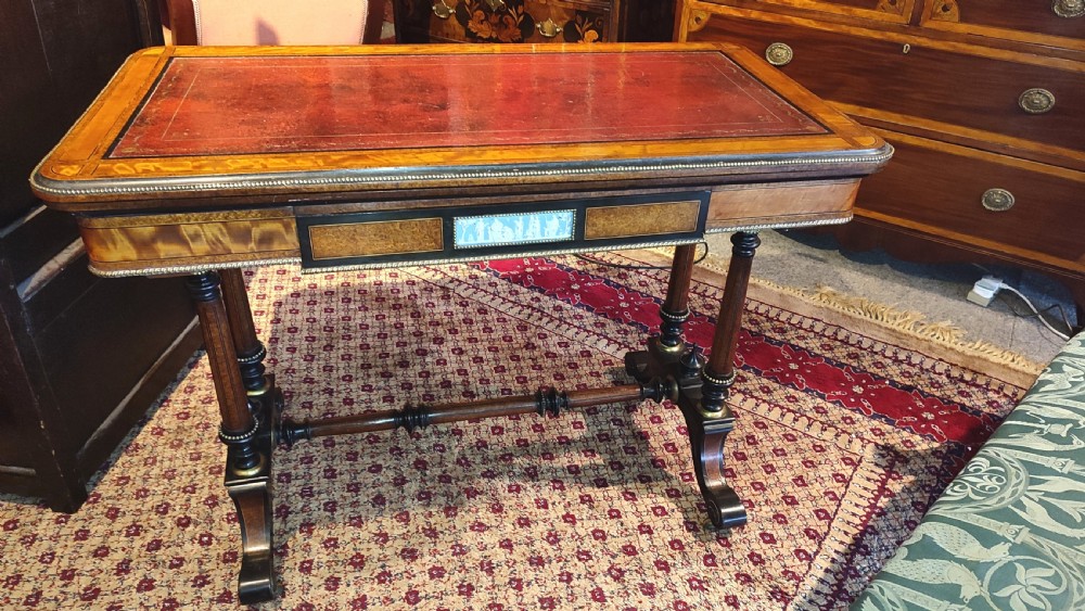 Fine Quality 19thC Aesthetic Movement Card Table with Exotic Woods & Wedgewood Plaque.