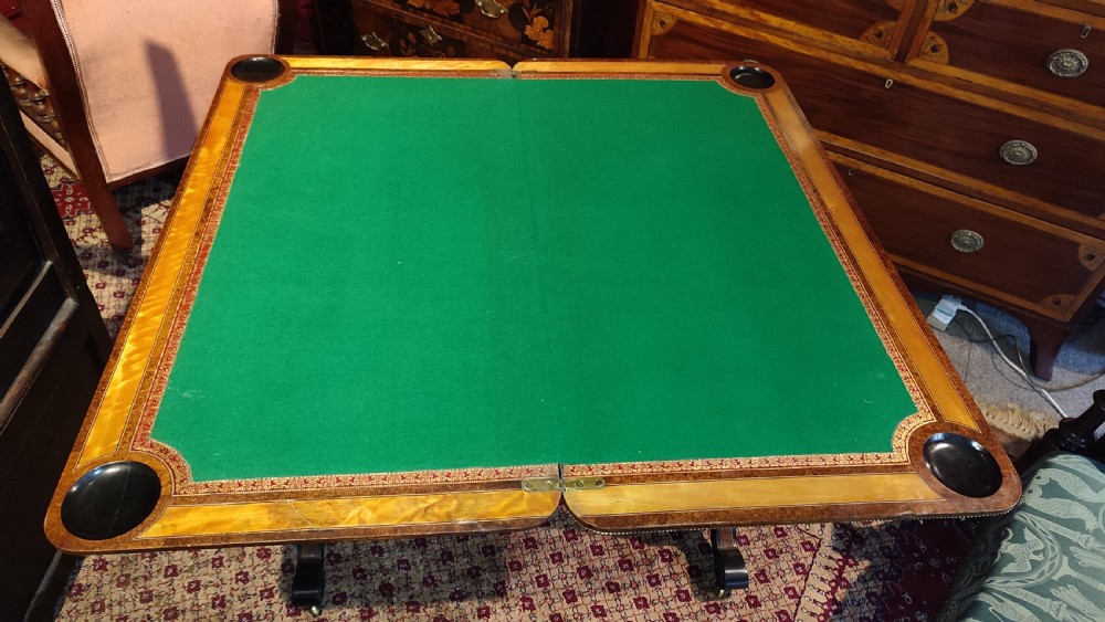 Fine Quality 19thC Aesthetic Movement Card Table with Exotic Woods & Wedgewood Plaque. View IV