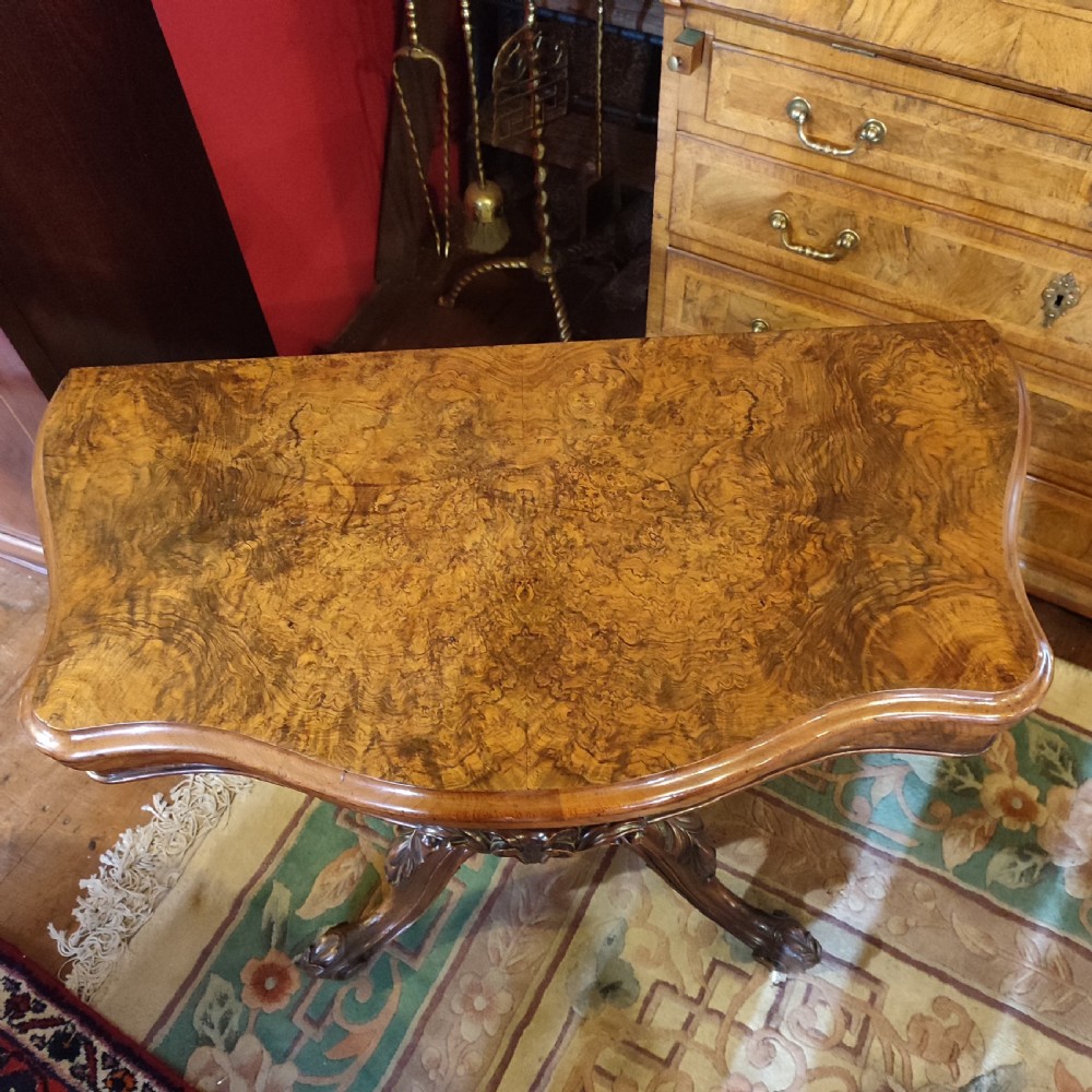 Superb Serpentine Mid Victorian Burr Walnut Card Table. View III