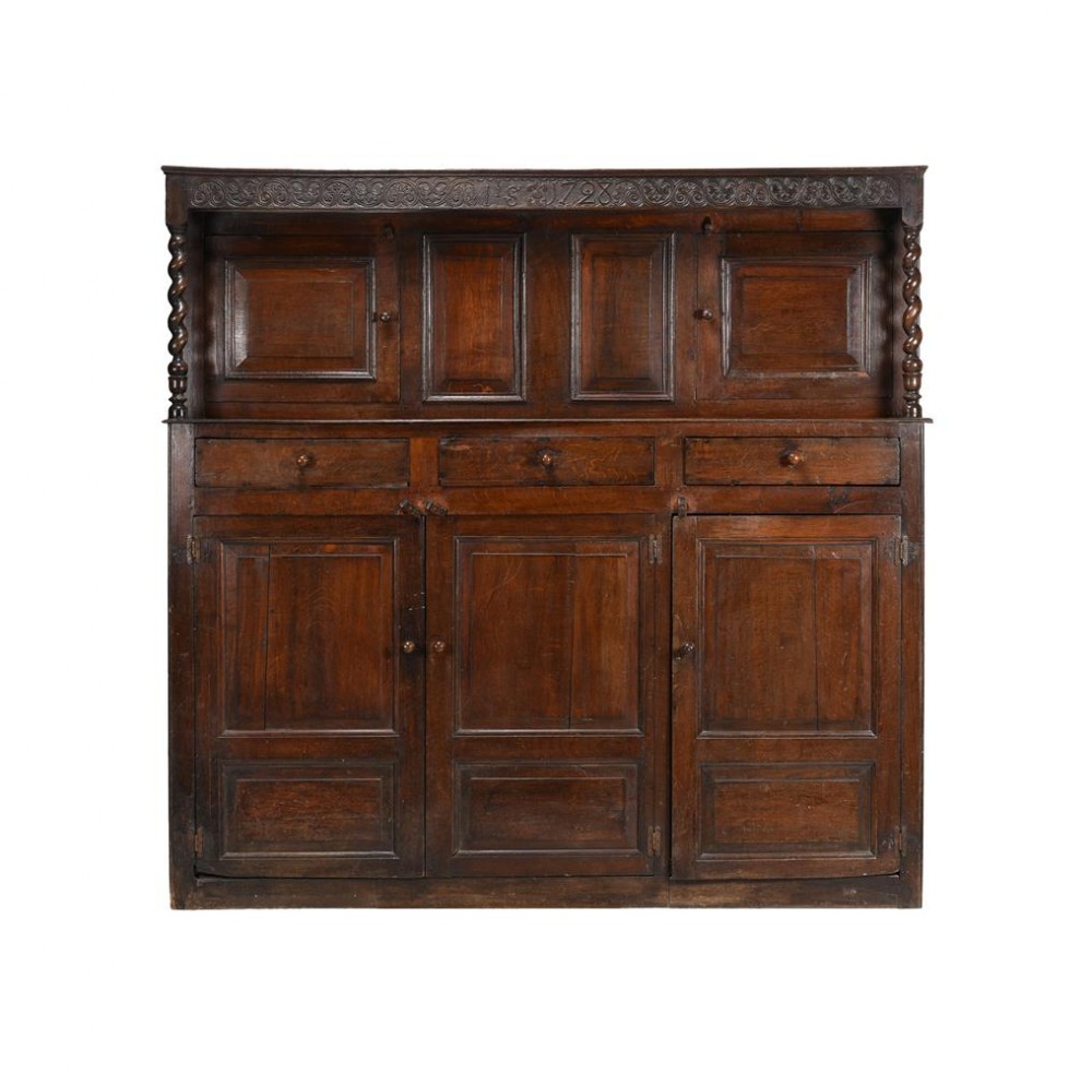 18thC Oak Court Cupboard Bearing Date 1728 to Carved Frieze
