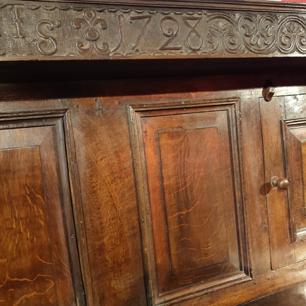 18thC Oak Court Cupboard Bearing Date 1728 to Carved Frieze View II