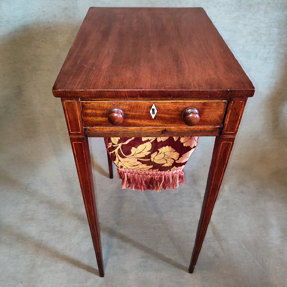 Early George 3rd Mahogany Work Table with Fine Boxwood Inlay. View II