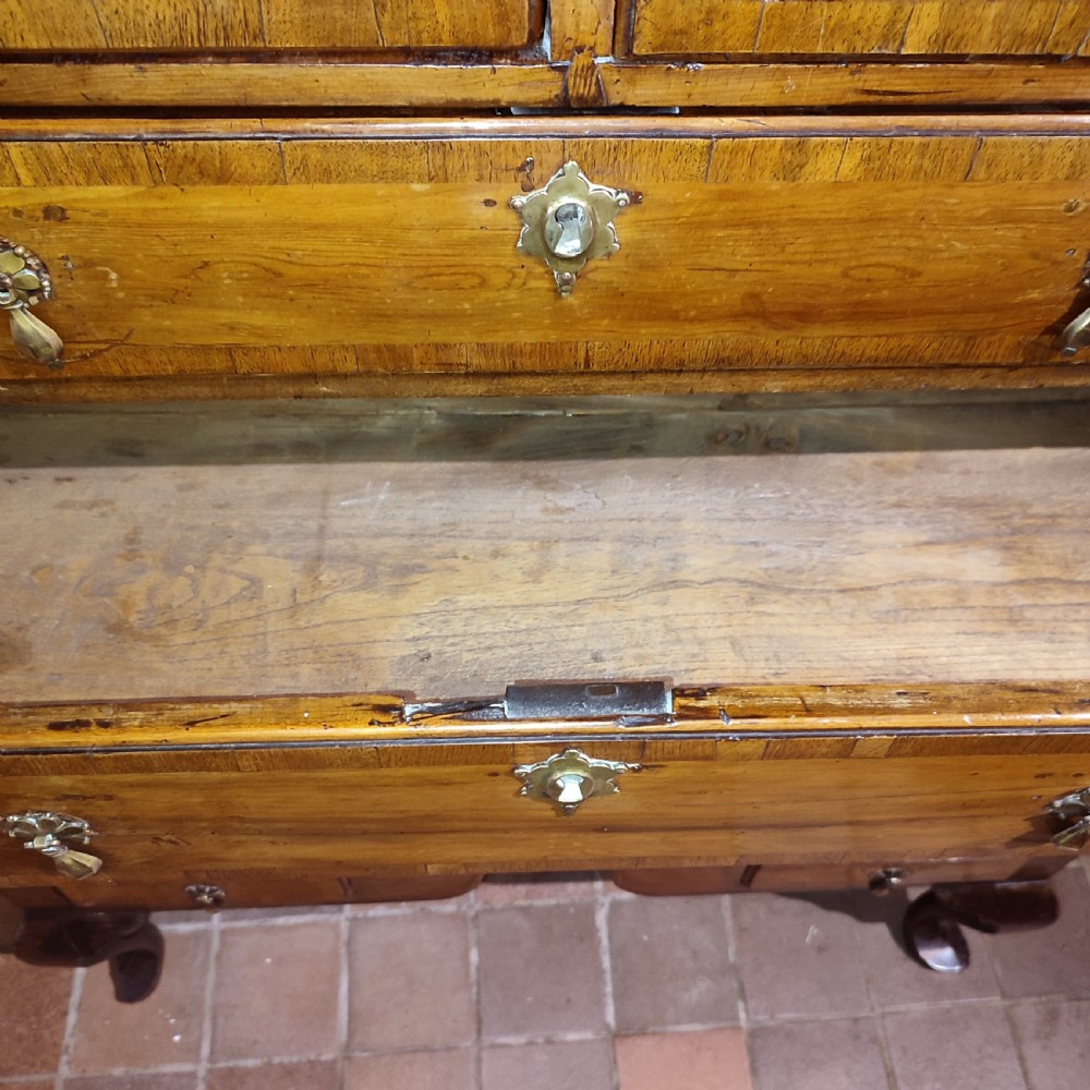 An antique Queen Anne yew wood chest on stand with crossbanded drawers, brass drop handles, and an arched apron raised on cabriole legs. View V