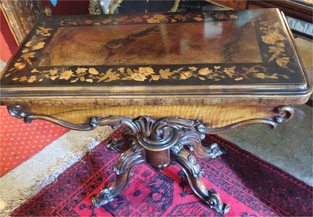 19thC Superb Walnut & Marquetry Card Table