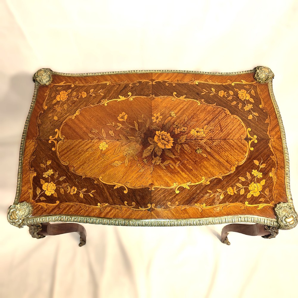19th C French Floral Inlaid Table with Ormolu Mounts and Drawer View II