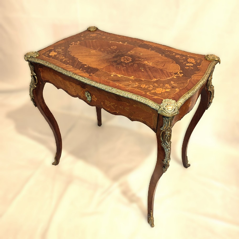 19th C French Floral Inlaid Table with Ormolu Mounts and Drawer