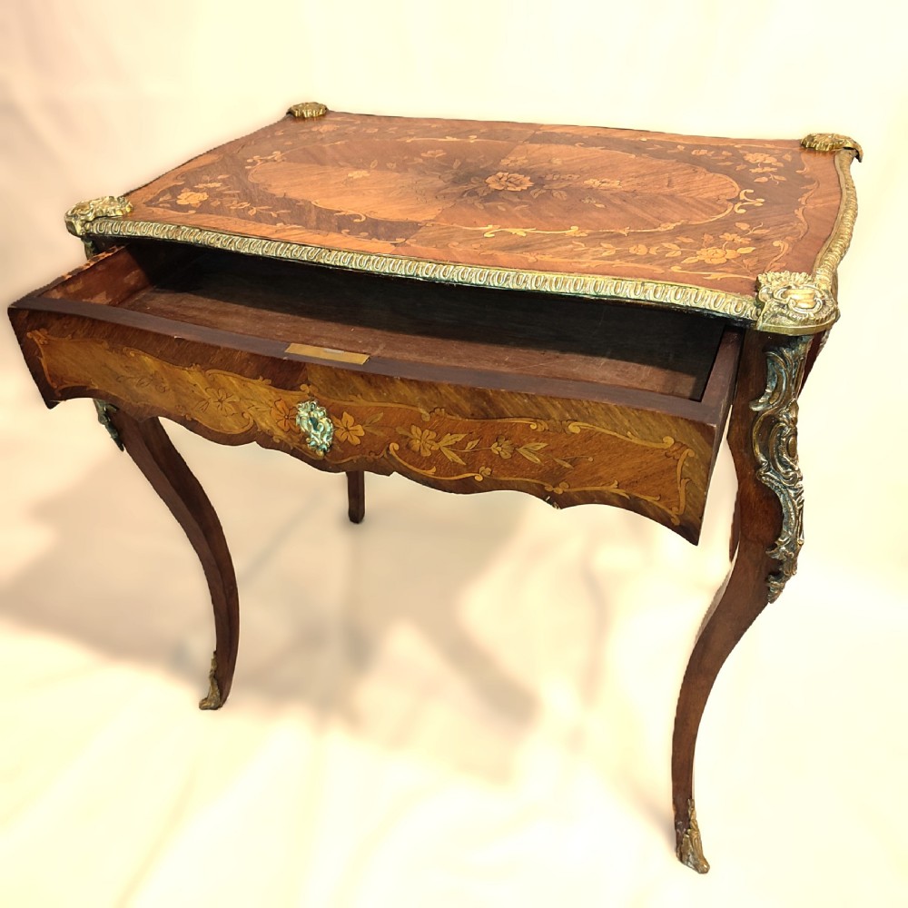 19th C French Floral Inlaid Table with Ormolu Mounts and Drawer View III