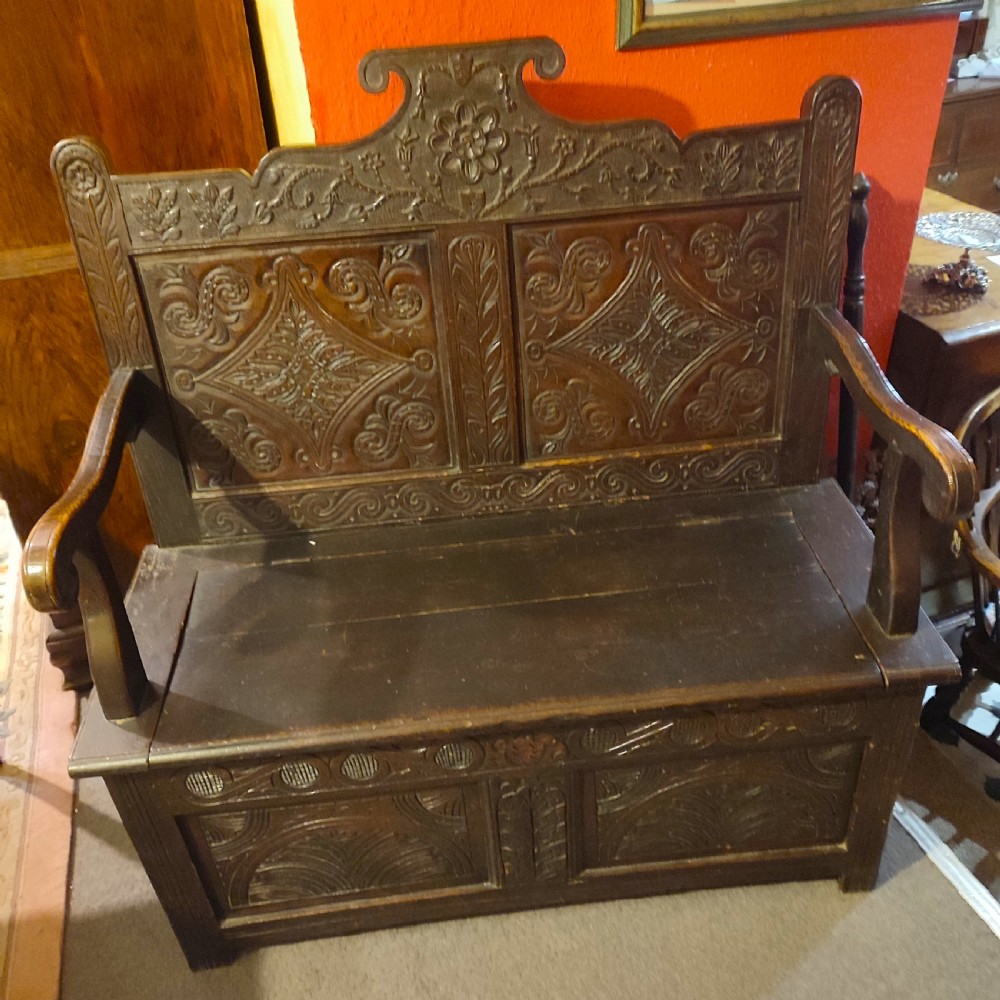19thC Carved Oak Box Settle