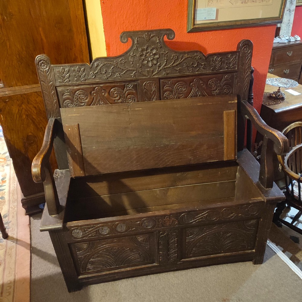 19thC Carved Oak Box Settle View III