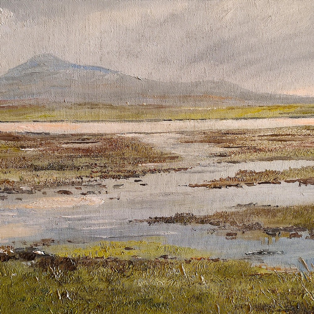 An original 20th-century oil painting depicting a coastal landscape with small cottages, boats, and distant mountains, set in a carved gold gilded frame. View IV