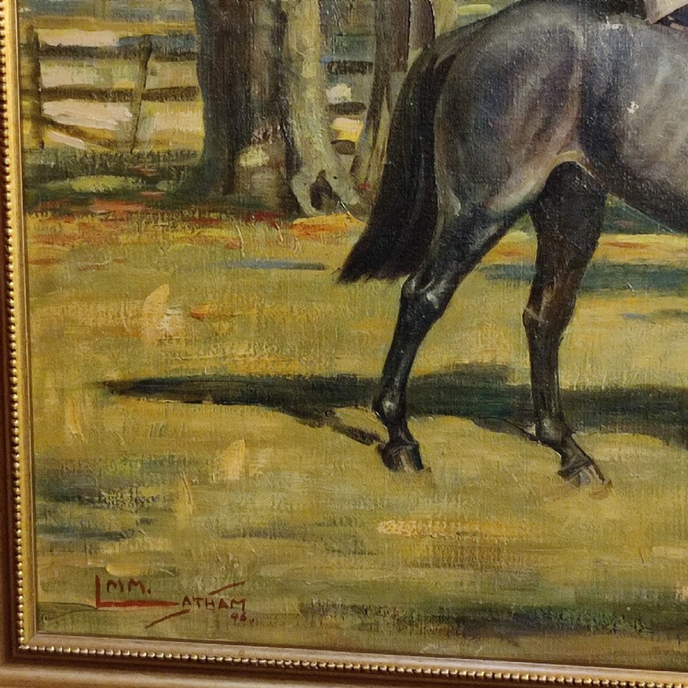 Framed oil painting on canvas depicting a young boy in riding attire mounted on a dark horse, with a small dog alongside in a woodland setting. View II