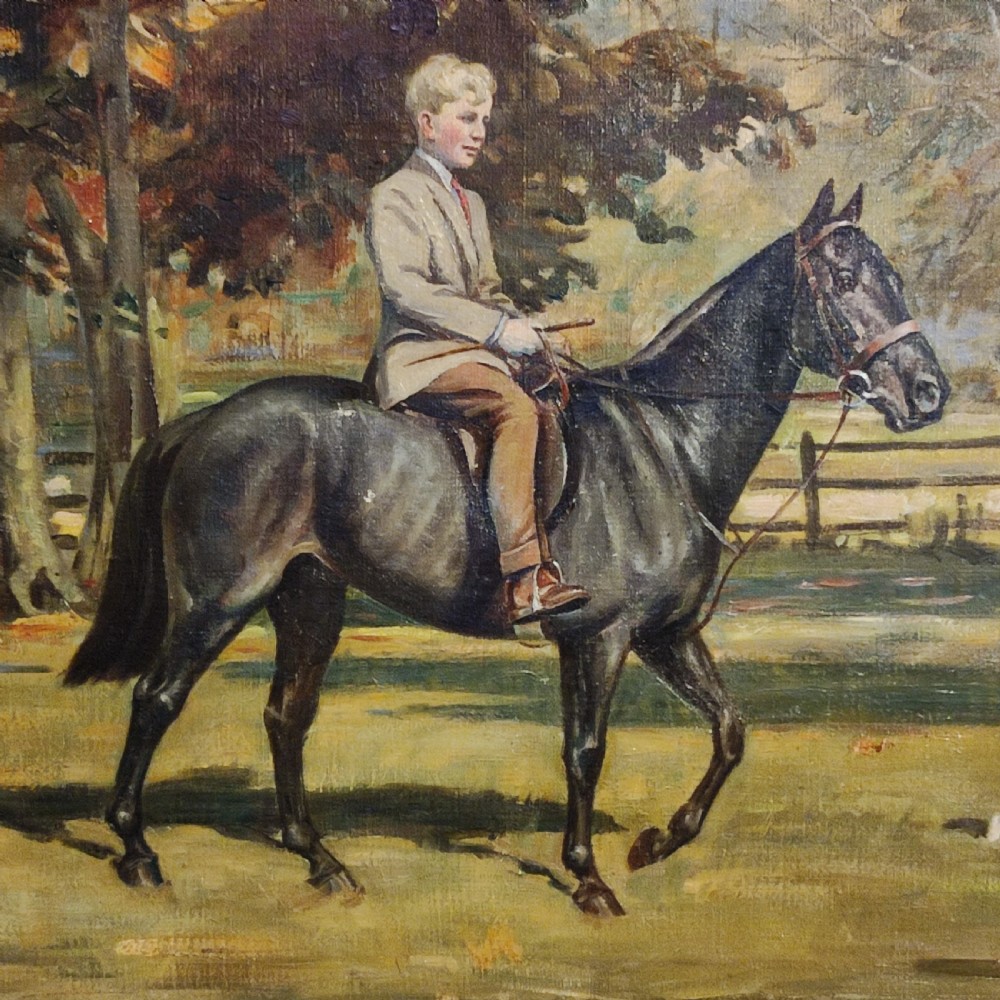 Framed oil painting on canvas depicting a young boy in riding attire mounted on a dark horse, with a small dog alongside in a woodland setting. View III