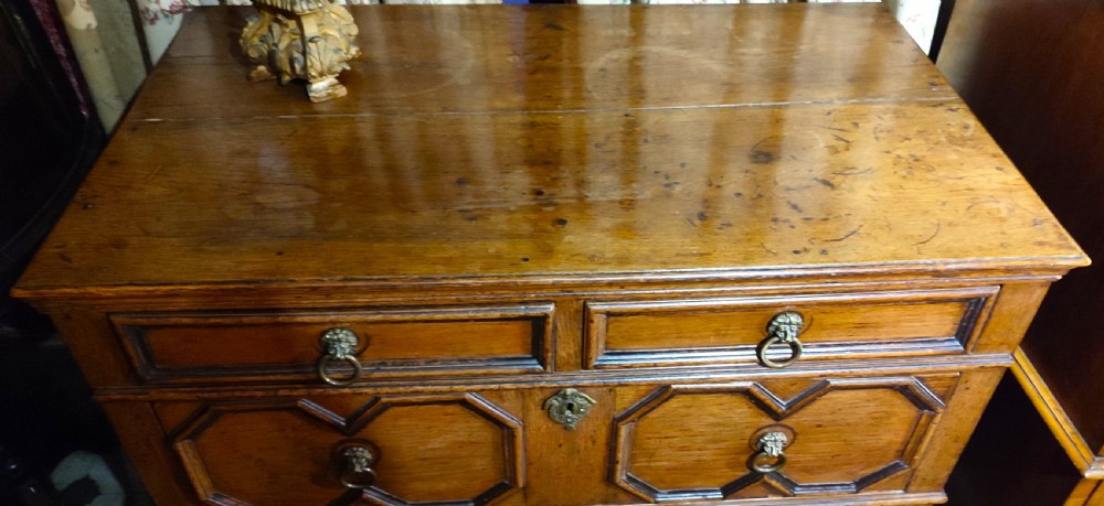 An eighteenth-century oak chest of drawers featuring geometric moulded panel fronts, brass lion-mask drop handles, and turned bun feet. View II