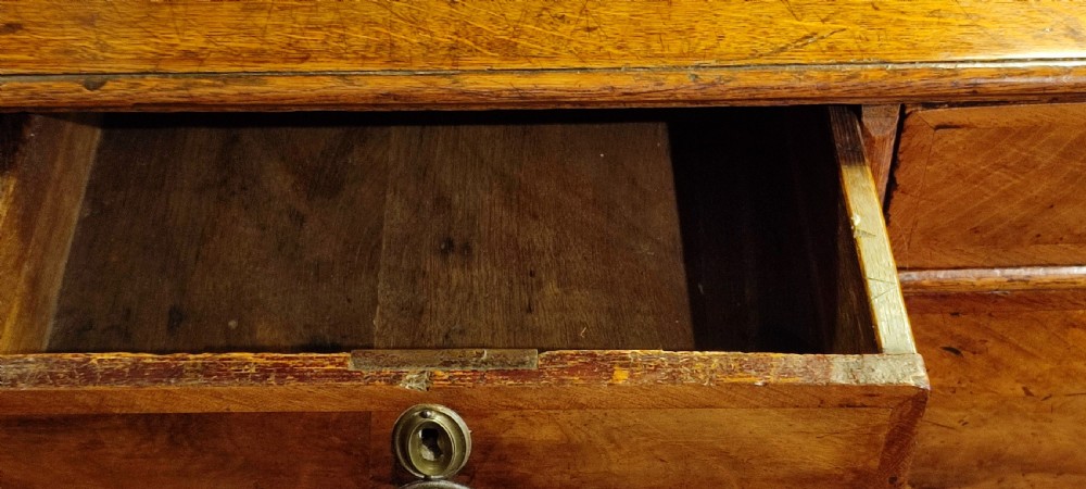 An antique William and Mary oak and walnut chest of drawers featuring two short over three long drawers with brass drop handles and a warm polished finish. View IV