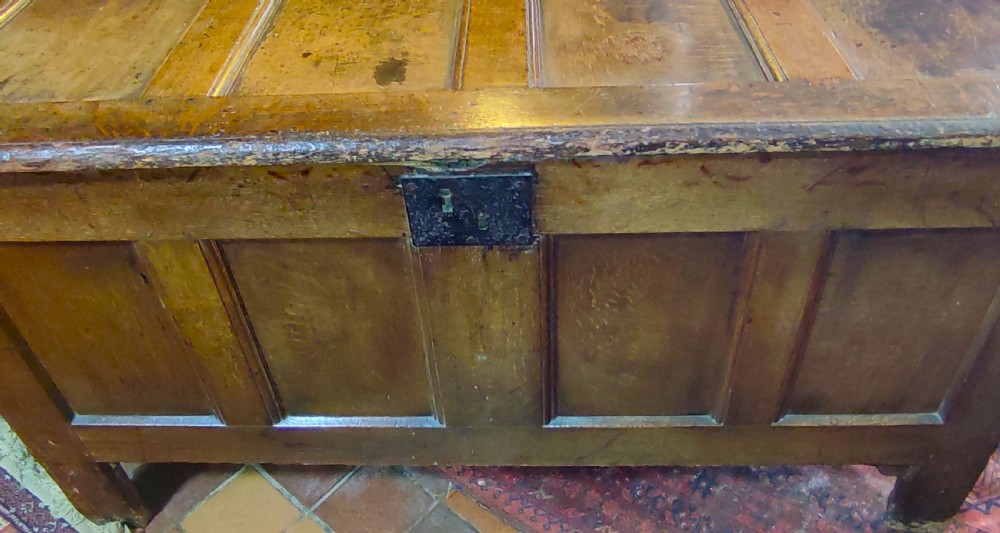 A seventeenth-century warm brown solid oak coffer featuring a four-panel lid, panelled front, and central iron lock plate. View II