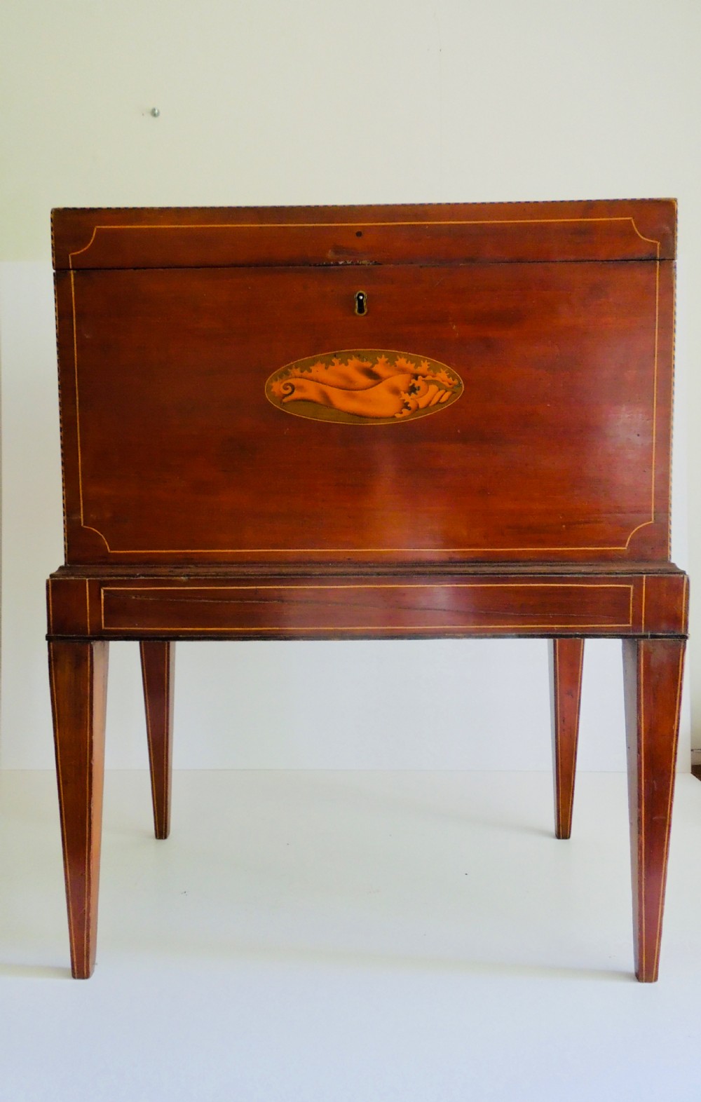A Georgian mahogany wine cooler on square tapered legs featuring fine boxwood stringing and a central shell inlay medallion.