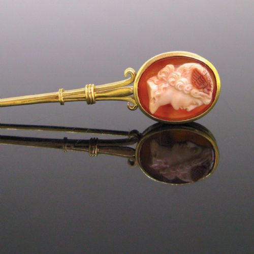 French Victorian Hermès Agate Cameo Stick Pin, 18kt Yellow Gold, Circa 1880