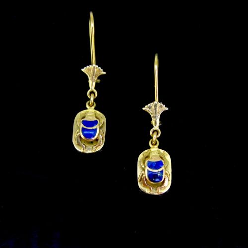 Vintage Egyptian Lotus Scarab Dangles Earrings, 18kt Yellow Gold, Circa 1950