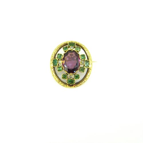 fig 1. Antique Victorian Garnet, Emeralds and Diamonds Brooch, 18kt Yellow Gold Brooch, circa 1880, France