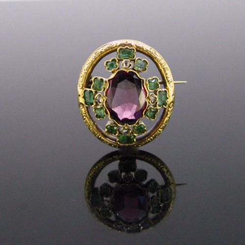 Antique Victorian Garnet, Emeralds and Diamonds Brooch, 18kt Yellow Gold Brooch, Circa 1880, France
