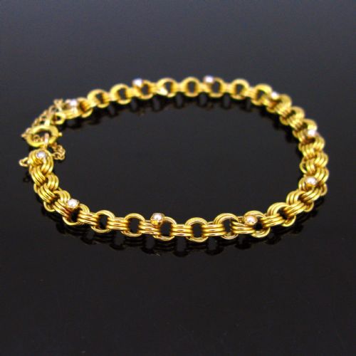 Antique Victorian Pearls Triple Parallel Link Bracelet, 6.5in, 18kt Yellow Gold, France