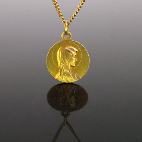 Vintage Religious Virgin Medal Pendant, 18kt Yellow Gold, France, Circa 1940