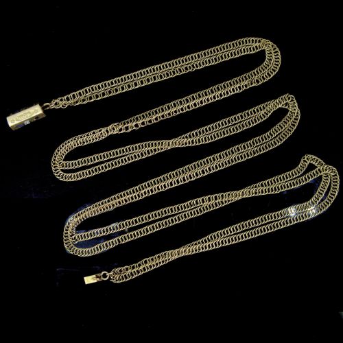 Antique Victorian Enamel Double Chain Necklace by Gauthier, 18kt Gold, France, Circa 1880, 24in