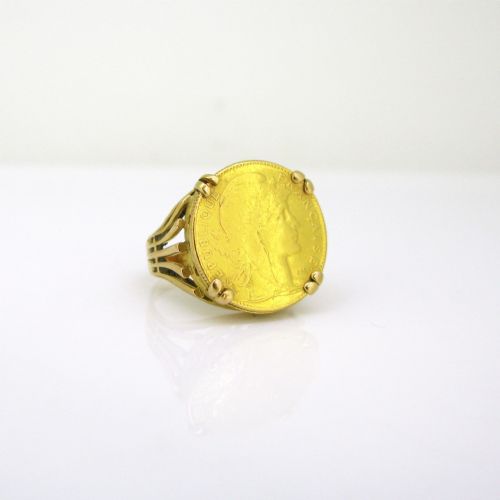 fig 1. Vintage Marianne 10 Francs Coin Ring, 18kt and 21.5kt Yellow Gold circa 1950
